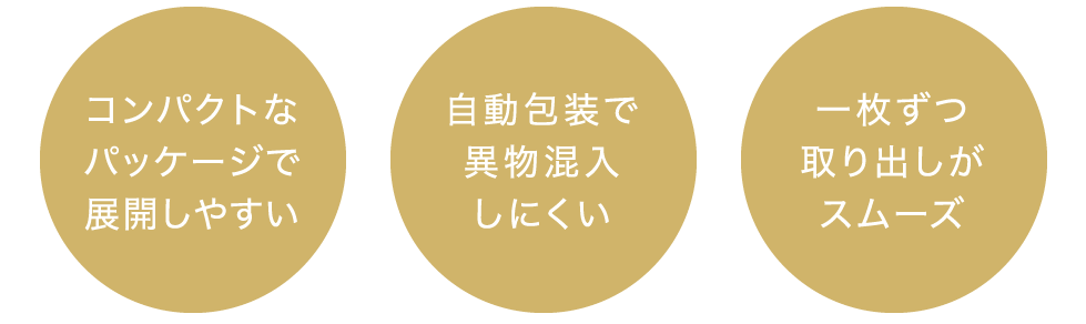 コンパクトなパッケージで展開しやすい,自動包装で異物混入しにくい,一枚ずつ取り出しがスムーズ